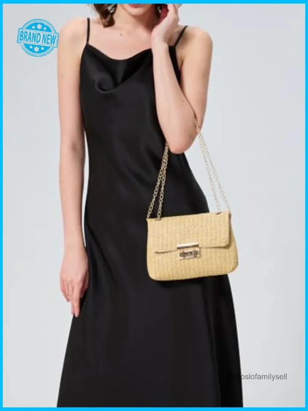 Woven Straw Summer Clutch Purse with Gold Chain and Turn-Lock Flap